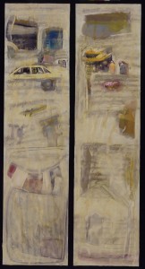 Links: „Am Morgen des dritten Tages“; rechts: „See über dem Berg“, je 200 x 50 cm, Mischtechnik auf Aquarellkarton, 2000