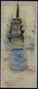 „Pagode“, 30 x 100 cm, Mischtechnik auf Aquarellkarton, 2000