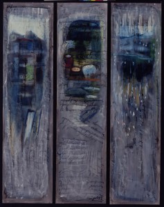 „Regenzeit“, von links: „Das blaue Haus“, „Unter dem Fluss“, „Regenzeit“, je 200 x 50 cm, Mischtechnik auf Aquarellkarton, 2000