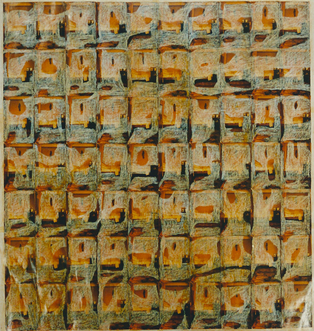 „Bett 1983/1996“, 175 x 168 cm, Mischtechnik auf Zeichenpapier, 1996