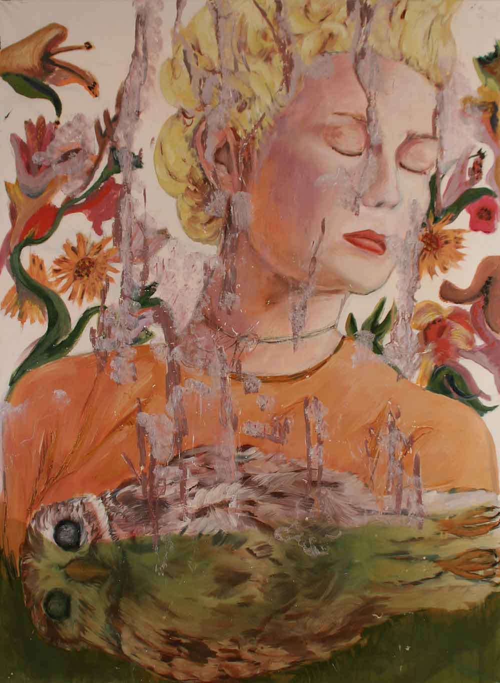 Jutta Nase: „Eulenschlaf“, 2010, Öl/Mischtechnik auf Leinwand, 150 x 110 cm
