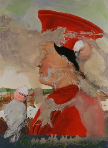 Jutta Nase: „Papageienfreund“, 2010, Öl/Mischtechnik auf Leinwand, 150 x 110 cm