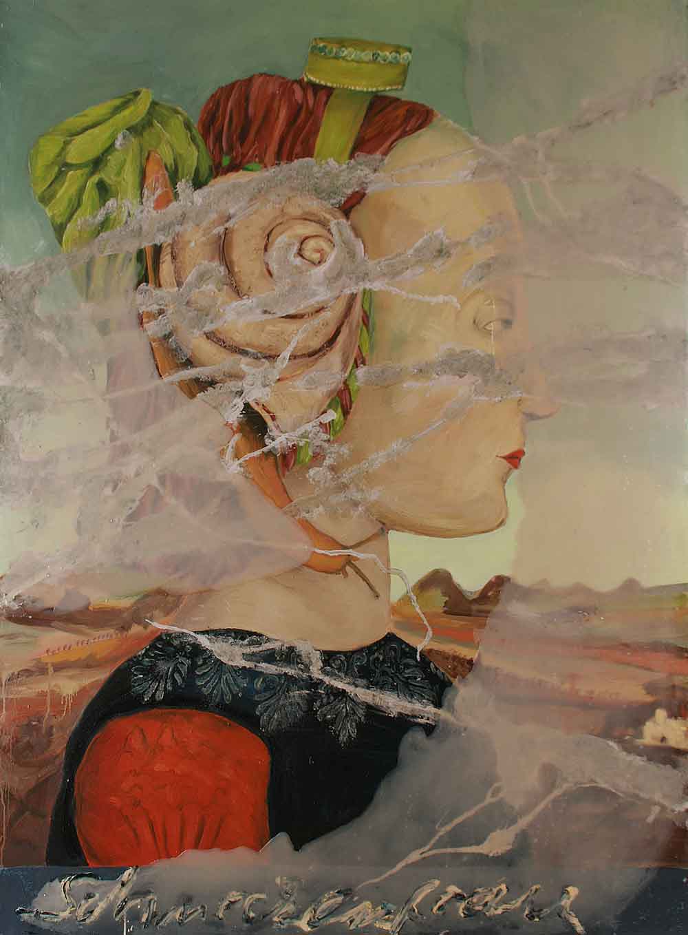 Jutta Nase: „Schneckenfrau“, 2010, Öl/Mischtechnik auf Leinwand, 150 x 110 cm