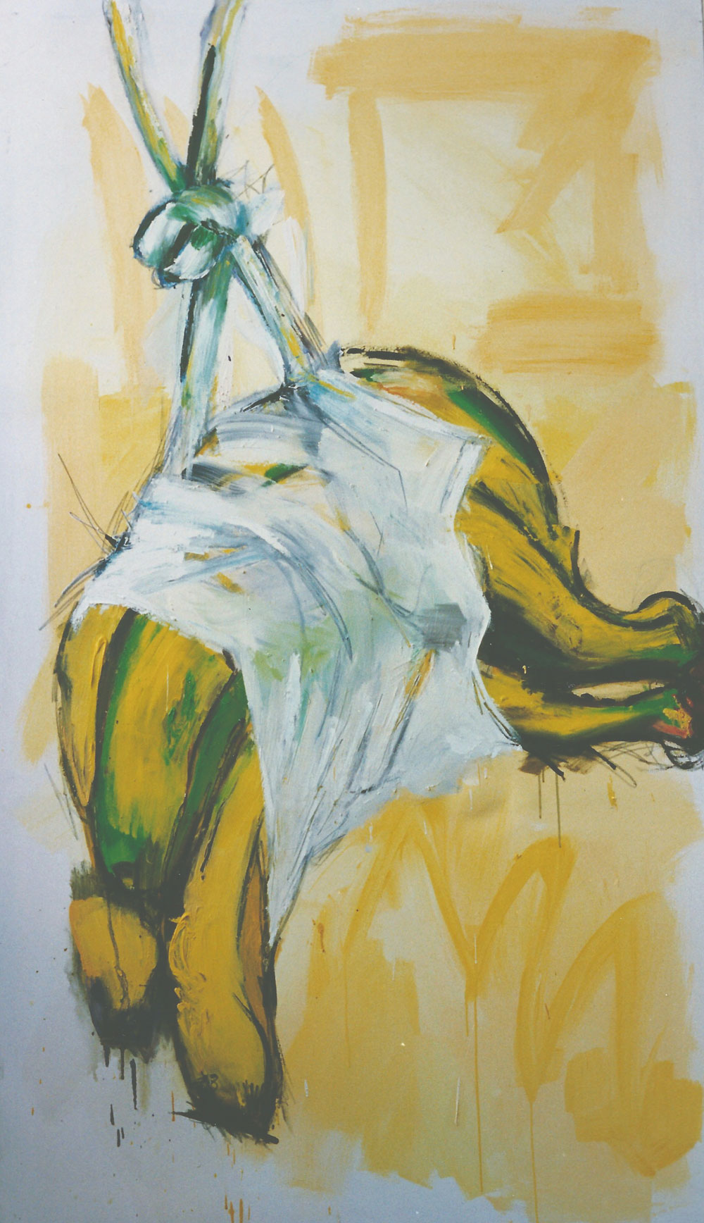 „Bananen hängend“, 220 x 150 cm, Öl/Acryl/Nessel, 1992