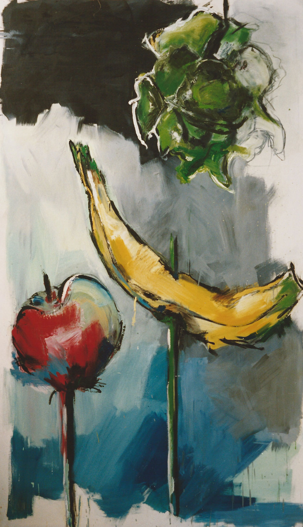„Obst gespießt“, 220 x 150 cm, Öl/Acryl/Nessel, 1992