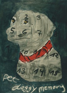 „pet doggy memory“, 150 x 110 cm, Mischtechnik auf Nessel, 1995