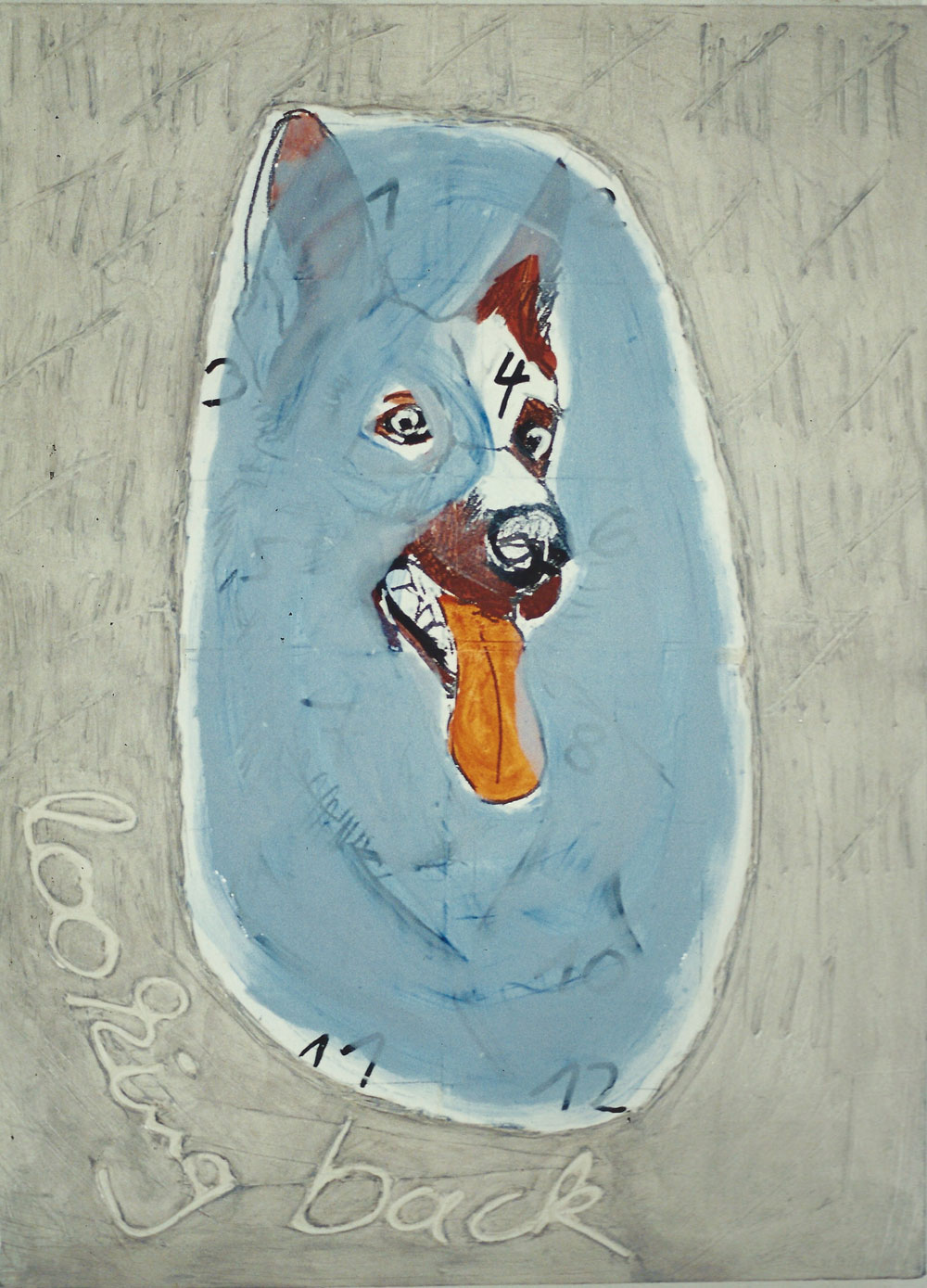 „looking back“, 150 x 110 cm, Mischtechnik auf Nessel, 1995