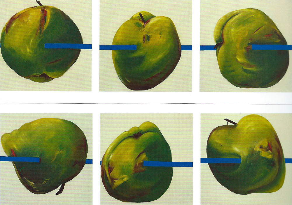 Jutta Nase, "Äpfel unfrei", 100 x 100 cm, Mischtechnik auf Nessel, 1992