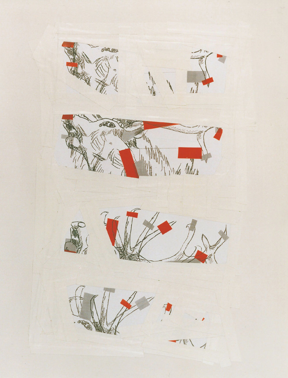 „verklebt“, 84 x 61 cm, Mischtechnik auf Tonpapier, 1994