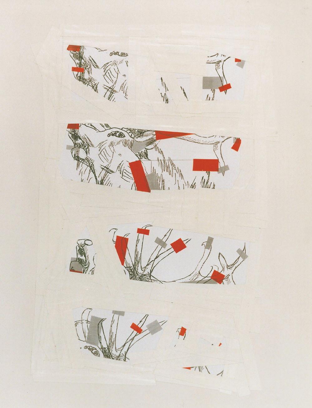 „verklebt“, 84 x 61 cm, Mischtechnik auf Tonpapier, 1994